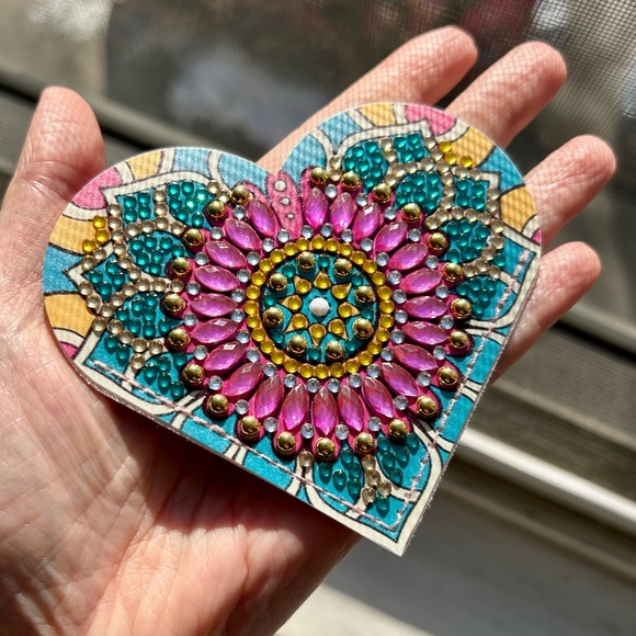 Hand Crafted Accessories - Diamond Art HEART 12 Corner Bookmark, Colorful, Sparkly (BLUE, PINK, GOLD)